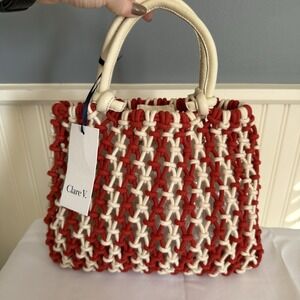 Clare V. Woven Mesh Tote Bag Handbag Purse Red White Rope Beach Pool Bag NWT